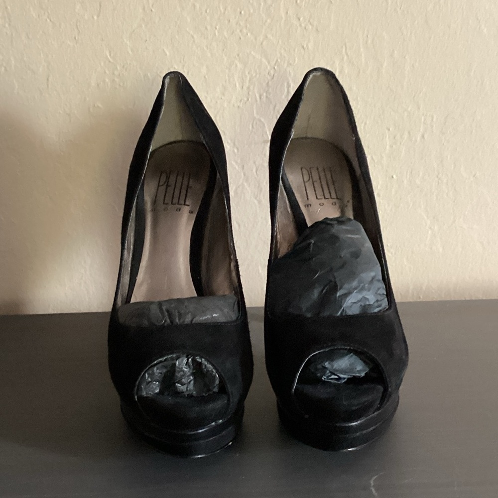 Pelle Moda suede Black Peep Toe Heels